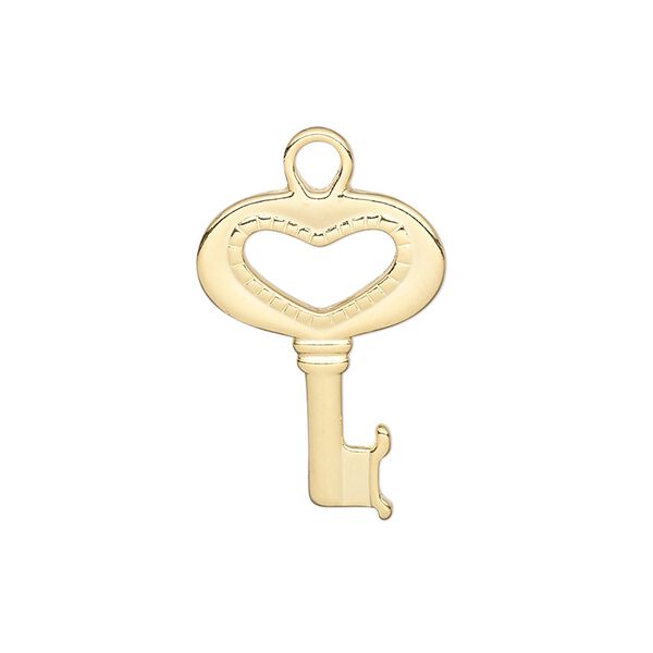 Charm, gold-plated "pewter" (zinc-based alloy), 27x17mm double-sided key. Sold per pkg of 12. image number 0