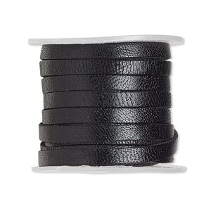 Cord, leather (dyed), black, 3mm flat. Sold per 25-yard spool.