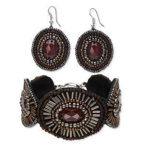 Bracelet and earring, Everyday Jewelry, velveteen / glass / acrylic / silver-finished steel / silver-coated plastic, grey / black / brown, 37mm wide, 7-1/2 inches with toggle clasp, 1-1/2 inch earrings with fishhook ear wire. Sold per set.