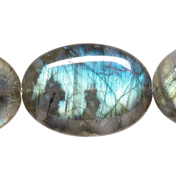 Bead, labradorite (natural), 35x25mm flat oval, A- grade, Mohs hardness 6 to 6-1/2. Sold per 8-inch strand, approximately 5 beads. image number 0