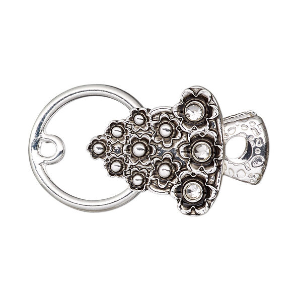 Clasp, alligator clip, glass rhinestone with antique silver-finished steel and "pewter" (zinc-based alloy), clear, 20x19mm bell with flower design. Sold individually. image number 0