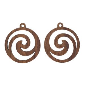 Drop, wood (natural), 19mm single-sided left- and right-facing flat round with cutout swirl design. Sold per pkg of 2.
