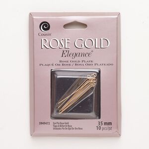 Eye pin, copper, pkg/10, rose gold plate, 1-1/2 inches, 22 gauge.