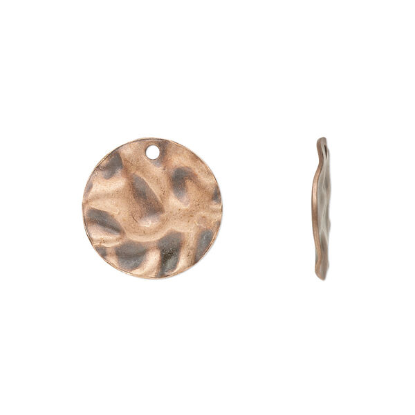 Drop, antique copper-plated steel, 15mm textured flat round. Sold per pkg of 50. image number 0