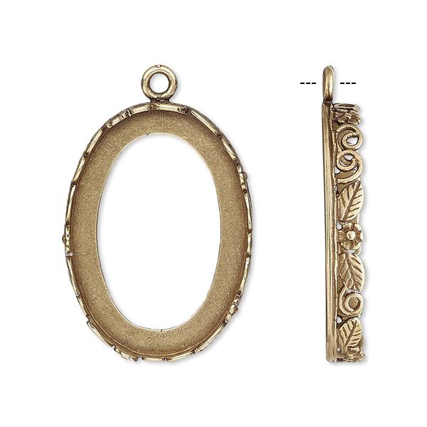 Drop, JBB Findings, antiqued brass, 27x20mm oval with open back and flower and leaf design trim, 25x18mm oval bezel setting. Sold individually. image number 0