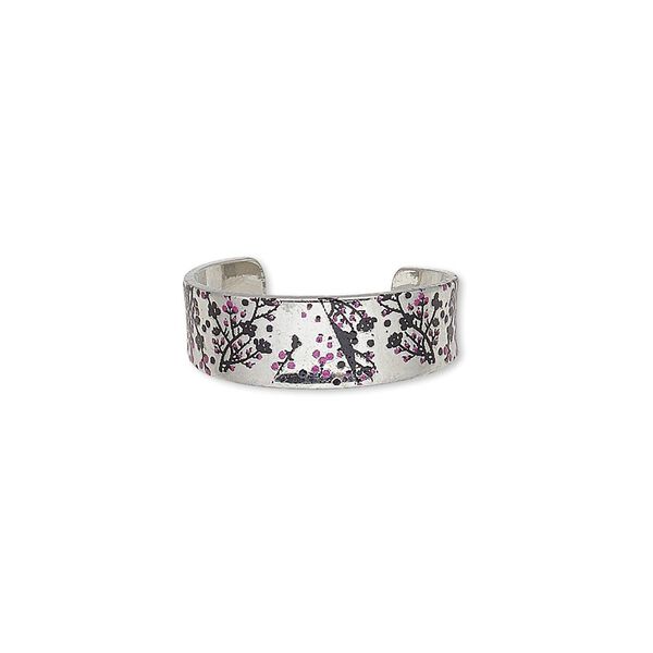 Ring, imitation rhodium-finished carbon steel, black and pink, 6mm wide with cherry blossom design, adjustable. Sold per pkg of 4. image number 0