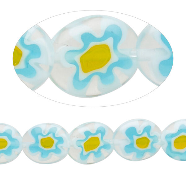 Bead, millefiori glass, translucent light blue / yellow / white / clear, 12x10mm puffed oval with flower design. Sold per 14-inch strand. image number 0