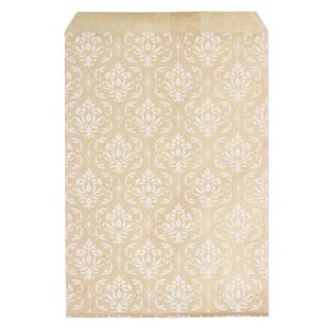 Bag, paper, brown and white, 7x5 inch rectangle with damask-print and scalloped top edge. Sold per pkg of 100.