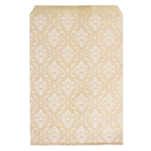 Bag, paper, brown and white, 7x5 inch rectangle with damask-print and scalloped top edge. Sold per pkg of 100. image number 0