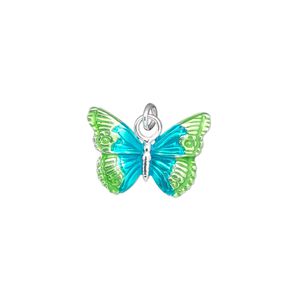 Charm, sterling silver and enamel, teal and green, 18x13mm single-sided butterfly. Sold individually.