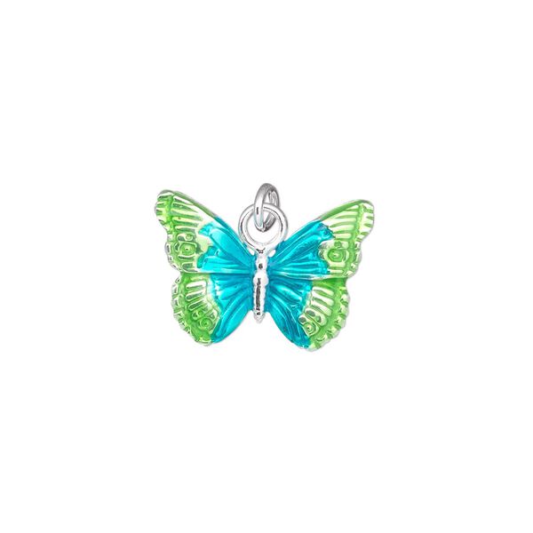 Charm, sterling silver and enamel, teal and green, 18x13mm single-sided butterfly. Sold individually. image number 0