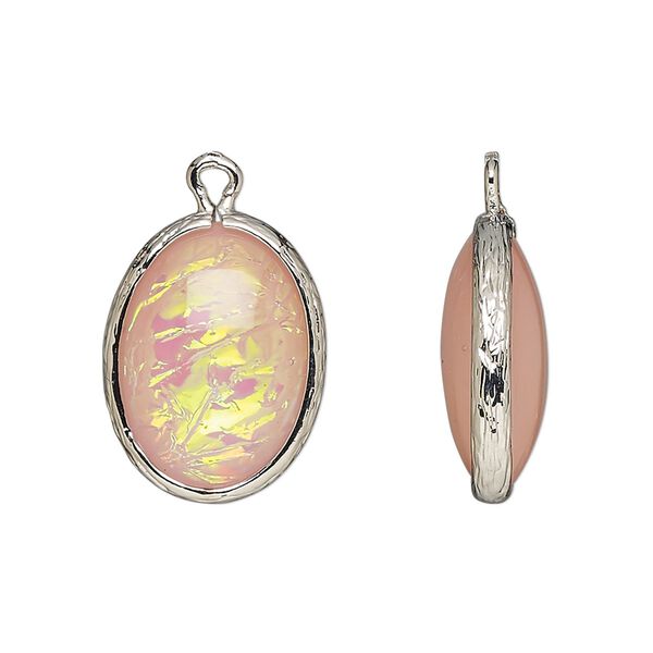 Drop, Opalized Ice™, "opal" (resin) and imitation rhodium-finished brass, opaque light pink, 20x15mm double-sided oval. Sold per pkg of 4. image number 0