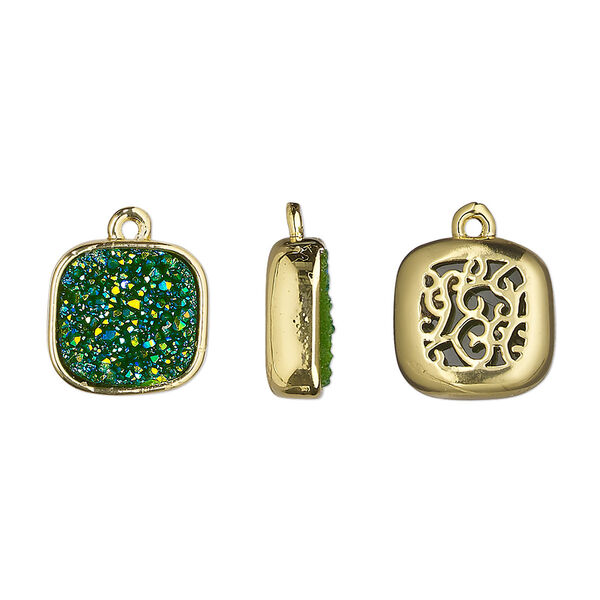 Drop, Druzylite™, "druzy" (resin) and gold-finished brass, green, 11.5mm two-sided square with open filigree back. Sold per pkg of 4. image number 0
