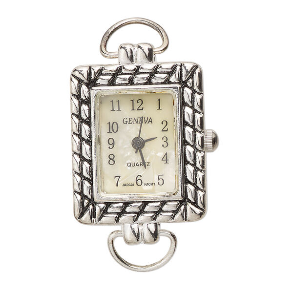 Watch face 1pk1 brass / steel / aluminum, 30x20mm rectangle / 2 loops, antique silver plate / white / black image number 0