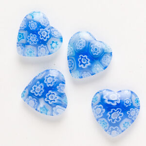 Bead, millefiori glass, pkg/4, translucent multicolored, 18-20mm half-drilled puffed heart.