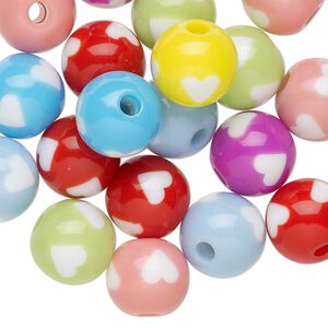 Bead mix, resin, multicolored, 11mm round with heart design. Sold per pkg of 20.