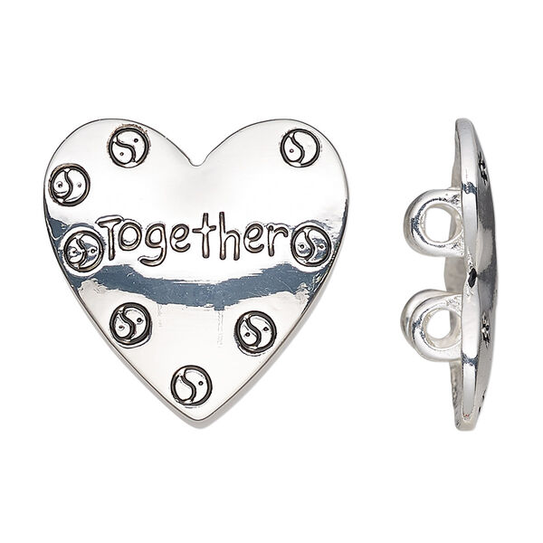 Spacer, silver-finished "pewter" (zinc-based alloy), 25x24mm 2-strand heart with yin-yang design and "Together" with hidden loops, fits up to 6mm bead. Sold individually. image number 0