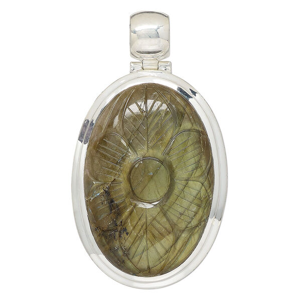 Pendant, labradorite (natural) and sterling silver, 52x39mm-60x42mm oval with carved flower. Sold individually. image number 0