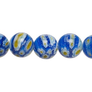 Bead, millefiori glass 1pkg1, translucent cobalt blue / white / golden yellow, 11-13mm round, 15 inches.