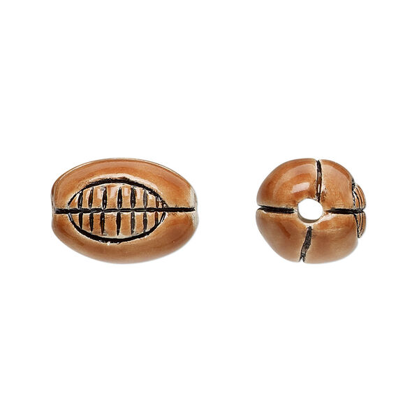 Bead, glazed ceramic, brown and black, 16x11mm hand-painted football. Sold per pkg of 2. image number 0