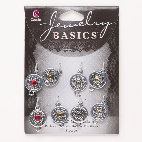 Link assortment, "pewter" (zinc-based alloy) and glass, pkg/8, antique silver finish and mixed colors, 13mm textured round. image number 0