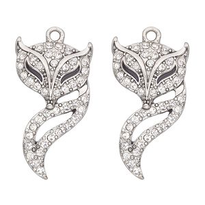 Focal, antique silver-finished "pewter" (zinc-based alloy), enamel and glass, clear and black, 30x17mm single-sided fox. Sold per pkg of 2.