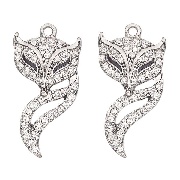 Focal, antique silver-finished "pewter" (zinc-based alloy), enamel and glass, clear and black, 30x17mm single-sided fox. Sold per pkg of 2. image number 0