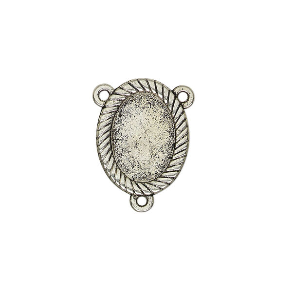 Connector, antique silver-finished "pewter" (zinc-based alloy), 17.5x14mm double-sided oval rosary with rope design and 13.5x9.5mm non-calibrated oval cabochon glue-in setting. Sold per pkg of 4. image number 0
