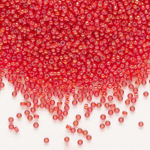 Seed bead, Miyuki, glass, pkg/35g, #15 rocaille, opaque white-lined luster flame red, (RR-3762).