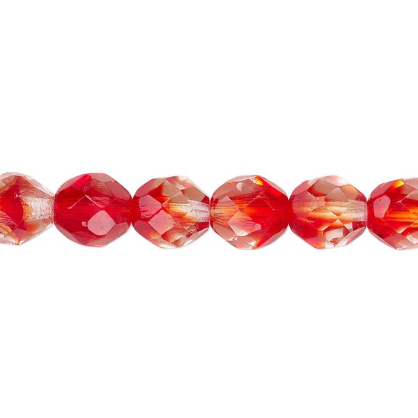 Bead, Czech fire-polished glass, two-tone, crystal / red, 8mm faceted round. Sold per pkg of 1/2 mass. image number 0