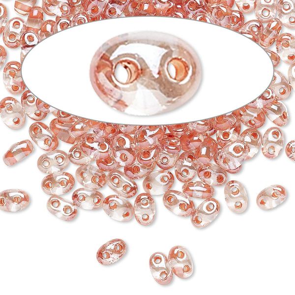 Seed bead, Preciosa Twin™ Czech glass, pkg/10g, 5x2.5mm oval, transparent peach terra color-lined clear, (38689). image number 0