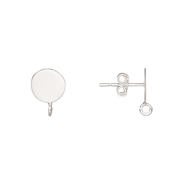 Earstud, sterling silver, 8mm flat pad with open loop. Sold per pkg of 2 pairs. image number 0