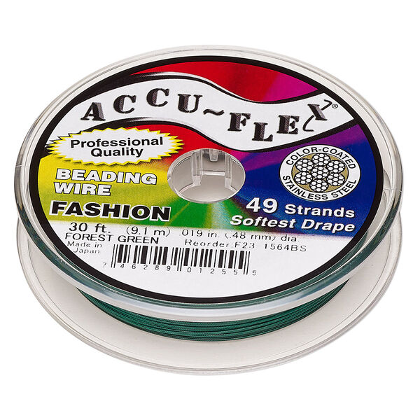 Beading wire, Accu-Flex®, nylon and stainless steel, forest green, 49 strand, 0.019-inch diameter. Sold per 30-foot spool. image number 0