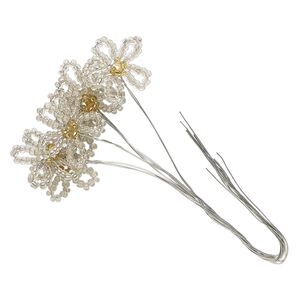 Wire pick, glass and steel, silver-lined clear and yellow, 4-1/2 inches with 20x19mm flower. Sold per pkg of 6.