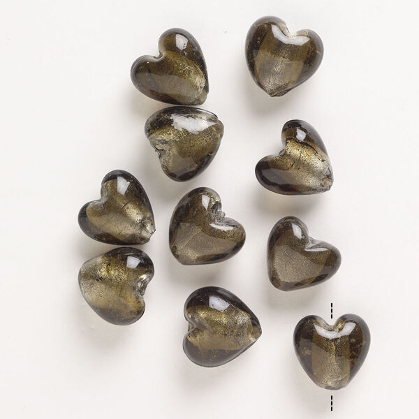 Bead, lampworked glass, pkg/10, opaque and translucent olive with silver-colored foil, 19-21mm puffed heart. image number 0