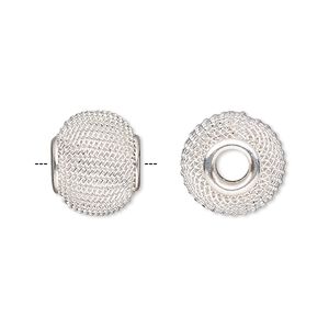 Bead, Dione®, silver-plated steel, 14x12mm mesh rondelle. Sold per pkg of 6.