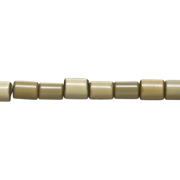 Bead, cat's eye glass (fiber optic glass), olive green, 5x4mm-6x5mm round tube. Sold per 14-inch strand, approximately 60 beads. image number 0