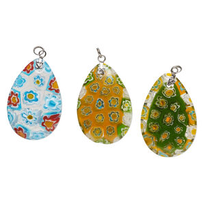 Focal 1pkg3 millefiori glass and silver-finished steel, opaque to transparent mixed colors, 45x30mm-49x32mm puffed teardrop.