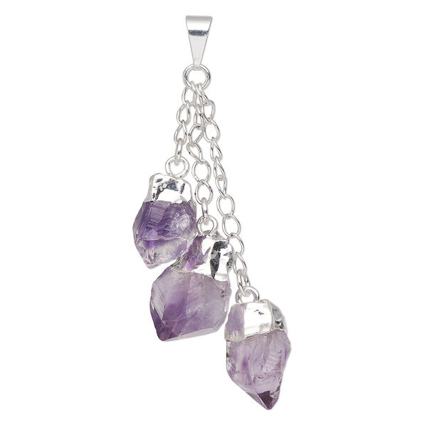 Pendant, Everyday Jewelry, silver-plated brass and amethyst (natural), (3) 49-51mm dangling points. Sold individually. image number 0