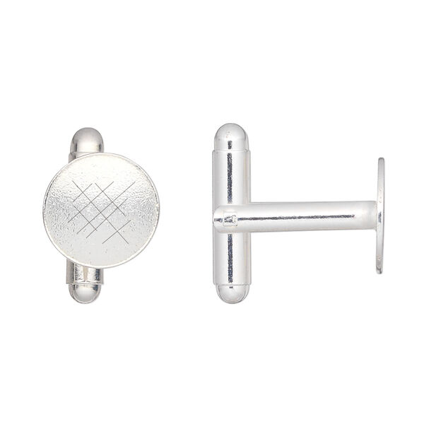 Cuff link 1pkg2 silver-finished brass, 12mm flat round pad 1 pair. image number 1