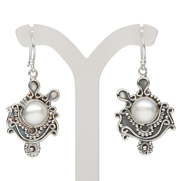 Earring, cultured freshwater pearl (bleached) and antiqued sterling silver, 41mm with fishhook ear wire, 21 gauge. Sold per pair. image number 0