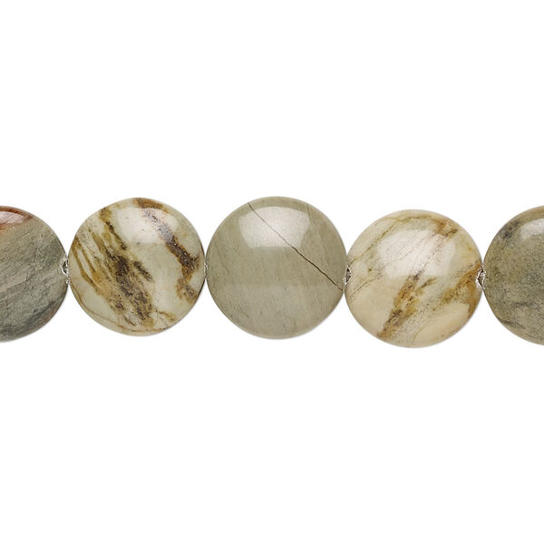 Bead, silver mist jasper (natural), 12mm puffed flat round, B grade, Mohs hardness 6-1/2 to 7. Sold per 8-inch strand, approximately 15 beads. image number 0