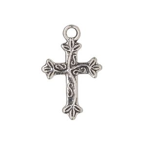 Drop, antique silver-finished "pewter" (zinc-based alloy), 21x16mm cross with leaf and vine design. Sold per pkg of 10.