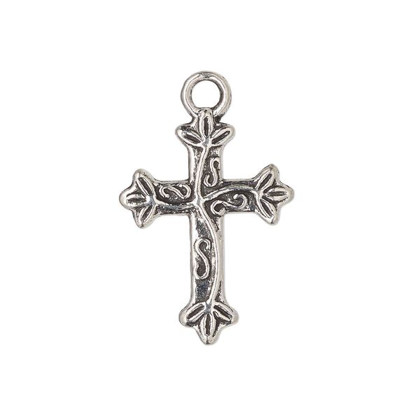 Drop, antique silver-finished "pewter" (zinc-based alloy), 21x16mm cross with leaf and vine design. Sold per pkg of 10. image number 0