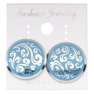 Earstud, stainless steel, blue patina, 20mm round with fancy swirl design. Sold per pair.