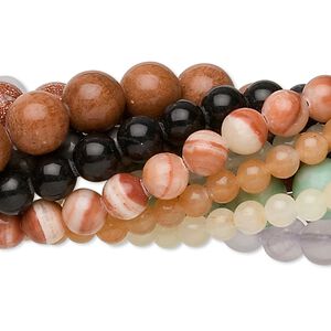 Multi-gemstone / glass 1pkg10, round bead mix 15.5-16 inch 4mm / 6mm / 8mm