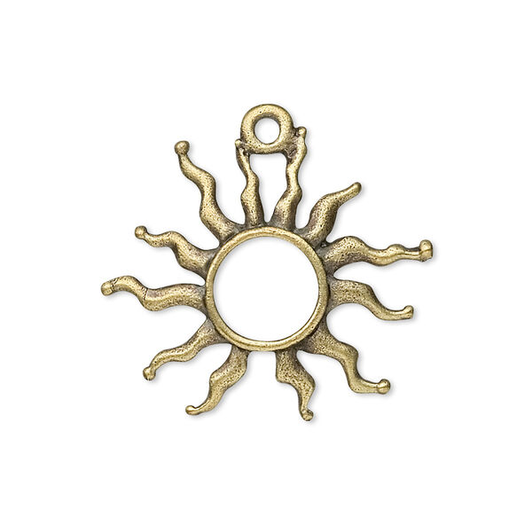 Charm, antique brass-plated "pewter" (zinc-based alloy), 27x24mm fancy sun. Sold per pkg of 10. image number 0