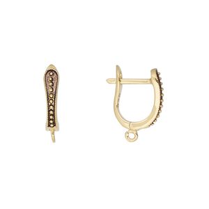 Ear wire leverback 1pkg2 sterling silver, 16.5mm hinged / open loop / beaded pattern, antique gold-finished 1 pair