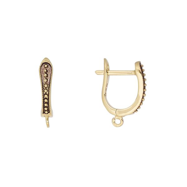 Ear wire leverback 1pkg2 sterling silver, 16.5mm hinged / open loop / beaded pattern, antique gold-finished 1 pair image number 0