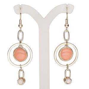 Earring, resin / acrylic rhinestone / rose gold-finished steel / brass / "pewter" (zinc-based alloy), dark pink and pink opal, 2-1/2 inches with fishhook ear wire. Sold per pair.